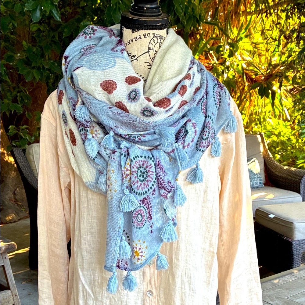 EUC Boho Floral Tassel Scarf in Light Blue, Brown and Cream